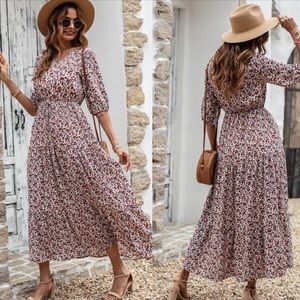 Floral print drawstring waist maxi dress
